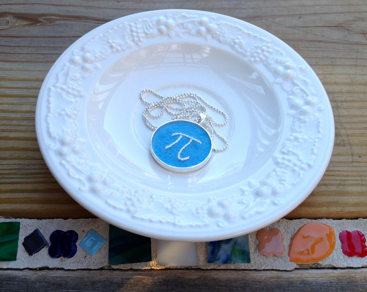 Pi hand embroidered pendant - white on sky blue