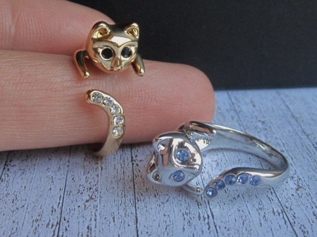 SALE - 3 Kitty Rings - Buy 2 get 1 Free -  Beautiful Cat Rings with blue/black/white crystals.Cat - cat lover - cats - kitty ring - kitten