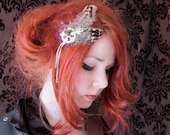 Time to Fly - Burgundy Ribbon Hairclip with Cog and Feathers