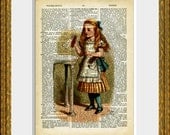 ALICE IN WONDERLAND 16 - recycled book page print - antique dictionary page with Alice and "Drink Me" - home decor, nursery art, children