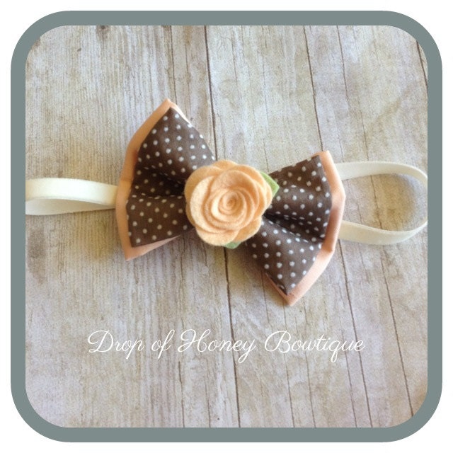 Vintage grey and pink dot Swiss dot fabric bow with wool felt rose baby-toddler-child