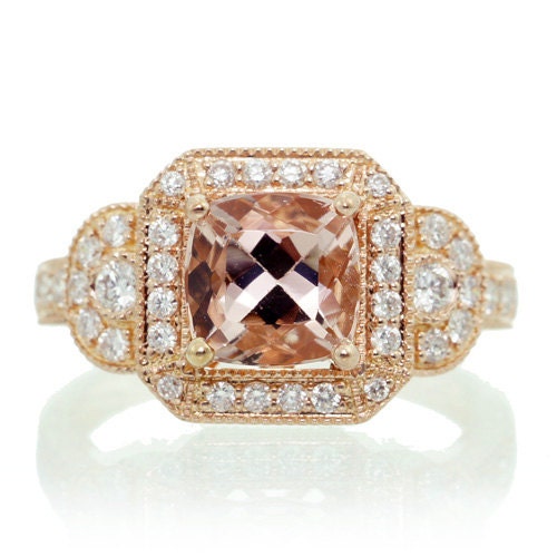 18 Karat Rose Gold 7mm Cushion Cut Morganite Vintage Three Stone Design Diamond Halo Engagement Anniversary Gemstone Bridal Ring