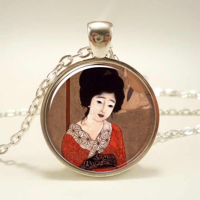Geisha Girl Necklace, Asian Japanese Theme Jewelry (1439S1IN)