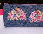 Handmade Denim Fabric Pencil case - zipper pouch- appliquéd - umbrellas - make up bag - gift - unique - funky.