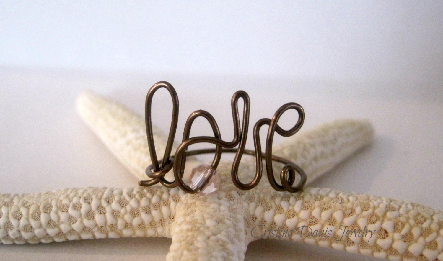 Wire Love Ring, Antique Brass, Tiny treasures, Pink Crystal, Trendy, Boho Chic, Love