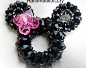 M-I-N-N-I-E M-O-U-S-E, Minnie Mouse Head Swarovski Crystal Floating Necklace, Disney Characters Mickey Mouse With Bow