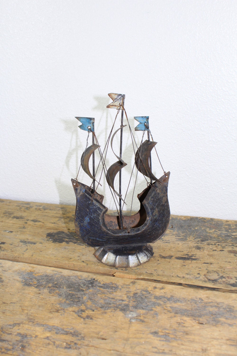 Vintage Handmade Metal Ship // Boat // Sailboat with Colorful Flags