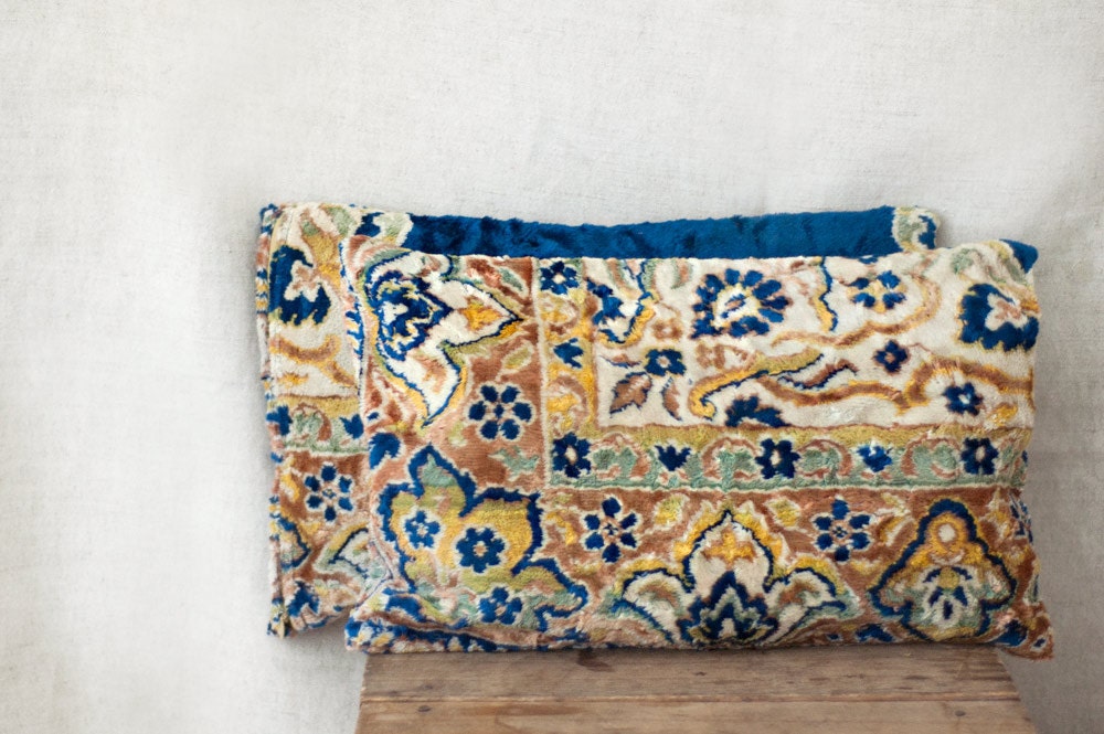 carpet pillows, 12 x 18, SET OF TWO,  rug lumbar pillow, blue cream taupe yellow, Uzbek ethnic, velour pillows, Anatolian style - MulberryWhisper