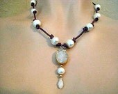 Knotted Pearl and Druzy Chic Leather Beaded Necklace 14K Gold Fill Wire Wrap Crystals ...