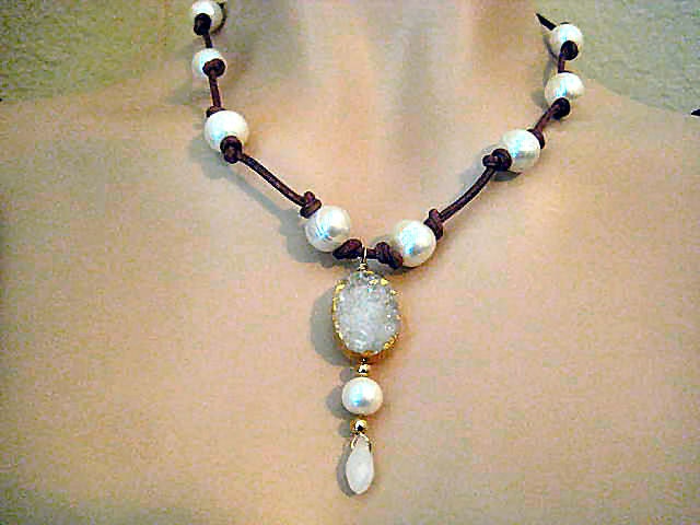 Knotted Pearl and Druzy Chic Leather Beaded Necklace 14K Gold Fill Wire Wrap Crystals ...