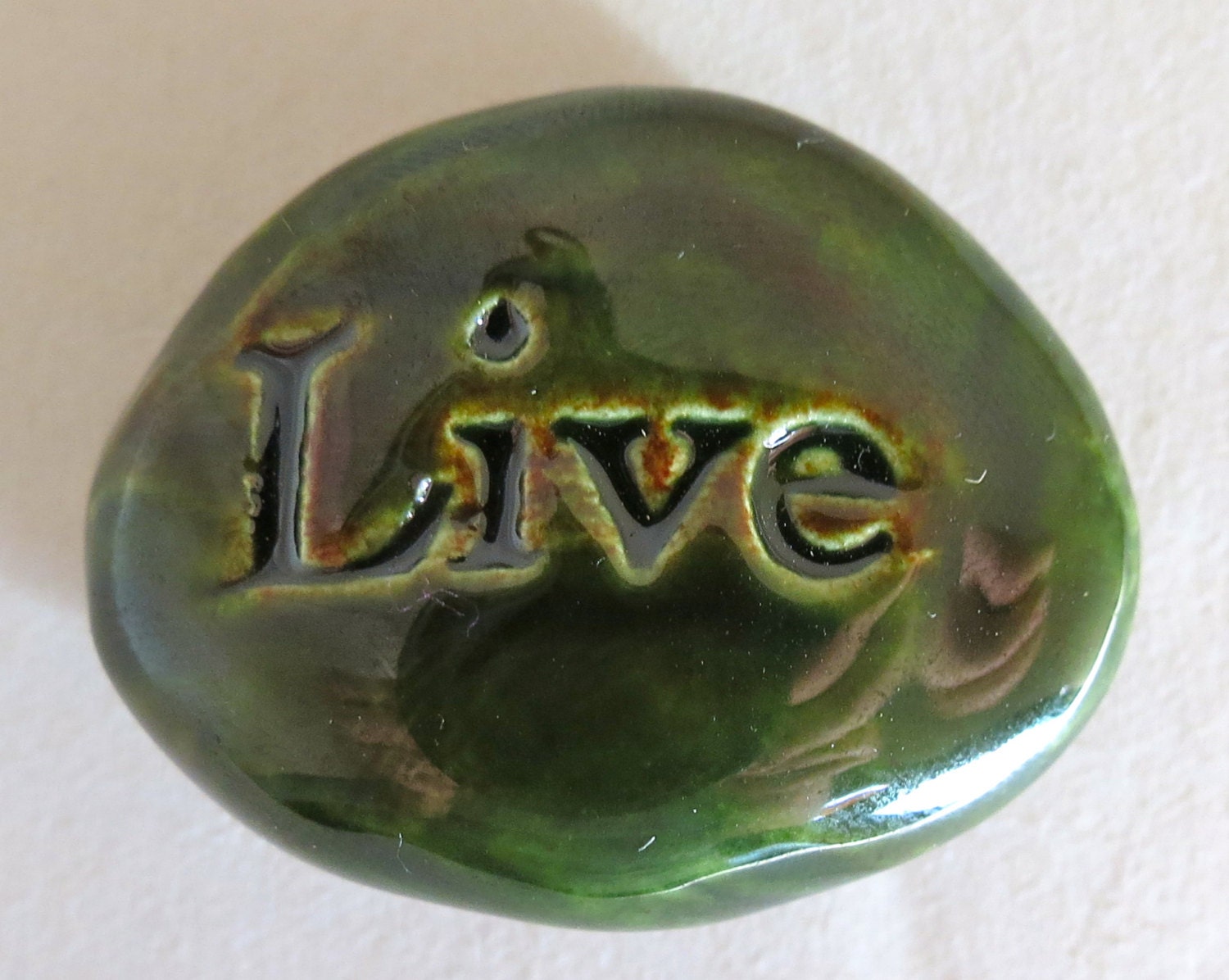 LIVE Pocket Stone - Ceramic - EVERGREEN Art Glaze - Inspirational Art Piece