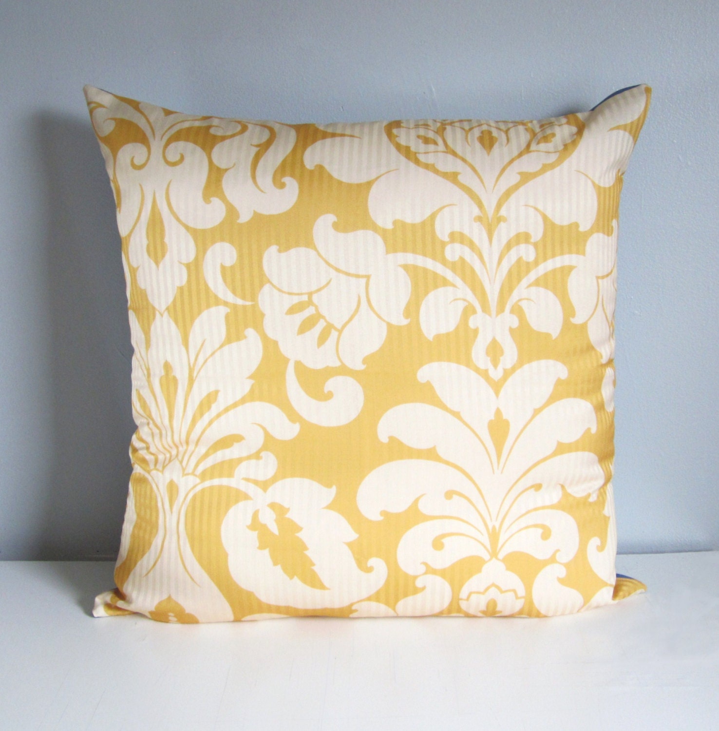 Large Modern Floral Damask Floor Pillow, Decorative Throw Pillow Cover- Yellow, White and Blue 24x24
