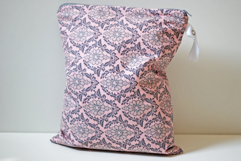 Large Wet Bag wetbag Diaper Bag - Grey Damask in Pink - swim cloth diaper accessories zipper shower gift newborn baby child kids summer