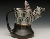 white with green / black circles, semi matte bottom, black handle- watering can -modern
