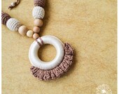 Neutral nursing necklace / Teething necklace / Crochet nursing necklace - beige, brown - Necklace with ring READY TO SHIP