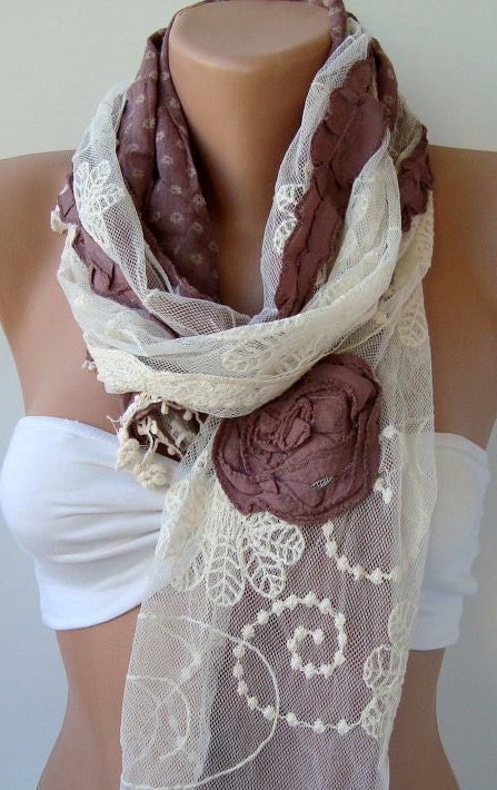 Shabby chic scarf / shawl Romantic scarf Cotton and lace scarf headband