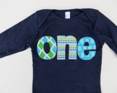 Long Sleeve Birthday Shirt  on a Navy Infant Lap Tee  with Diamonds Tiny Dots and Aqua Ovals 1st Birthday