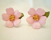 Vintage Painted Leather Flower Earrings - Tooled Punched Pink Floral Rawhide Twist Style Closure