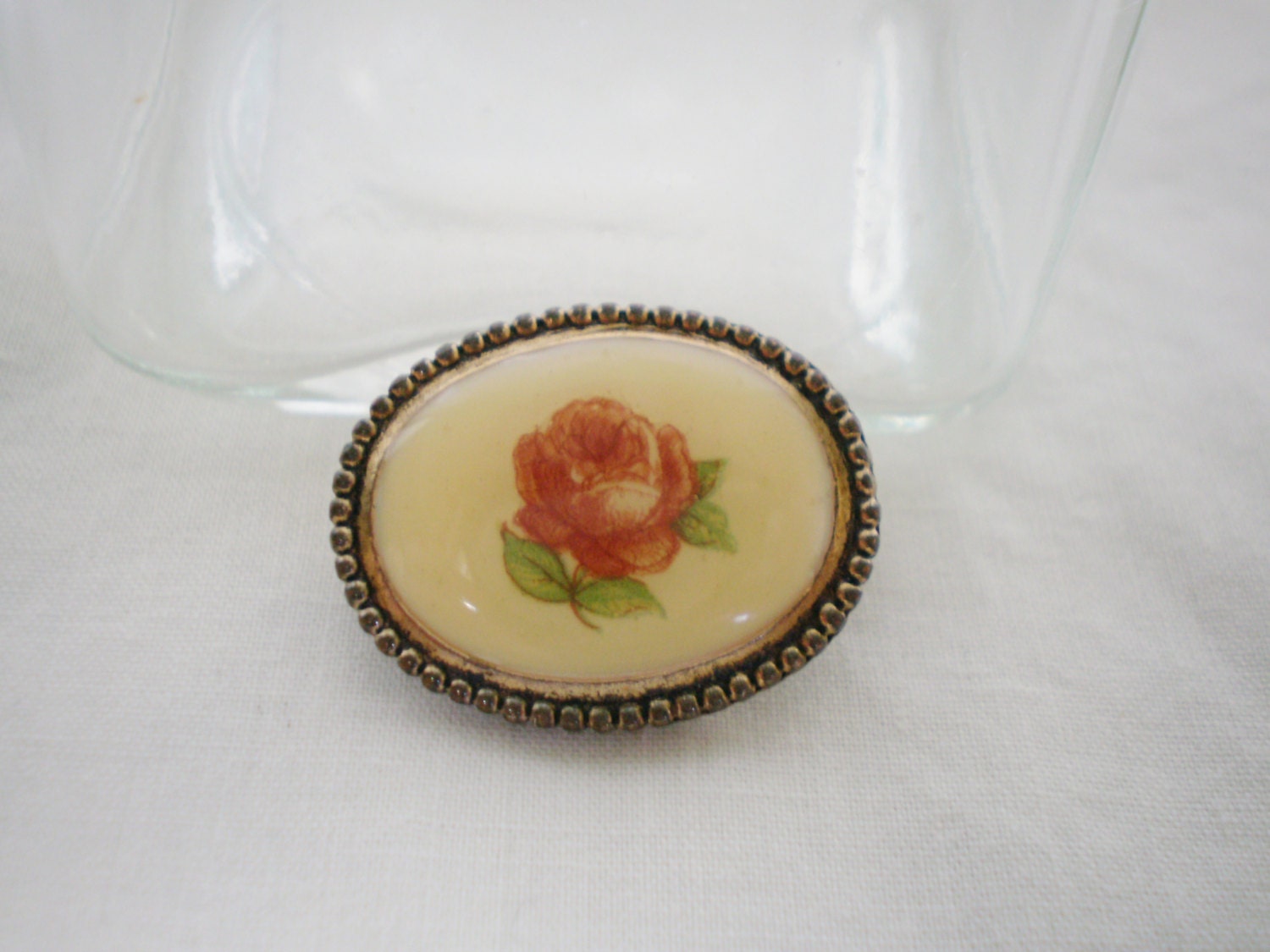 Vintage Brass Rose Brooch - 1970s Brass Red Flower Cabochon Pin