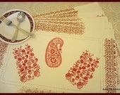 Handprinted set of 6 tablemat, off-white,cotton,screen printed,flower designs,paisley
