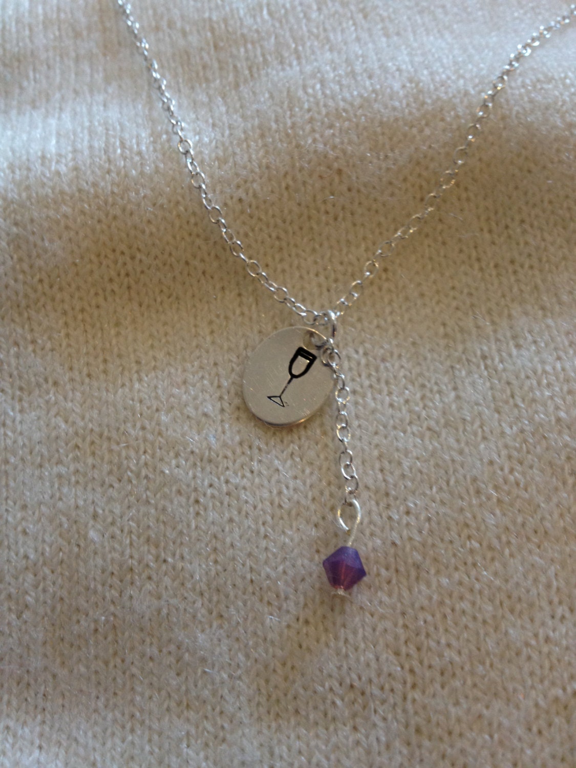 Hand stamped, personalized wine goblet or heart stamped mom necklace with Swarovski crystal in sterling. 20 inches