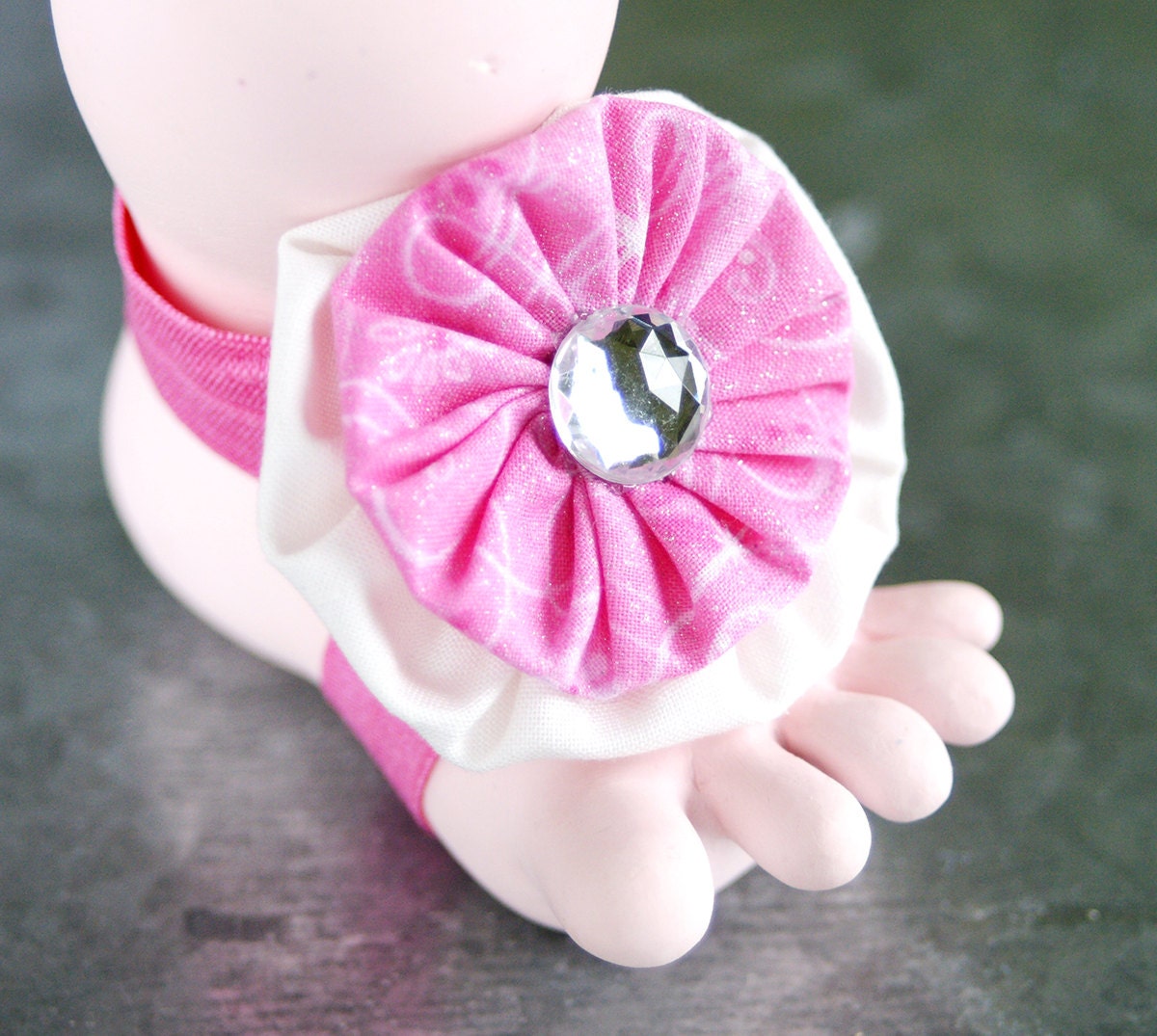 Pink Girl Tootsies Handmade Baby Barefoot Sandals with Cute Yo-Yo and Matching Embelishments One Pair