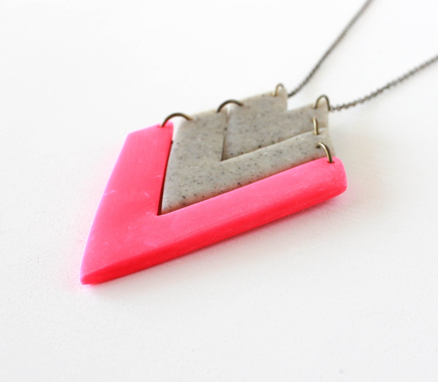 Geometric Neon Pink and Gray Tribal Arrow, Polymer Clay Pendant Necklace