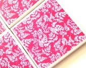 Pink Coasters, Ceramic Tile Set, Bar Coaster, Hot Pink Decor, Coaster Sets, White Fern, Furniture Coaster, Flowering Fern