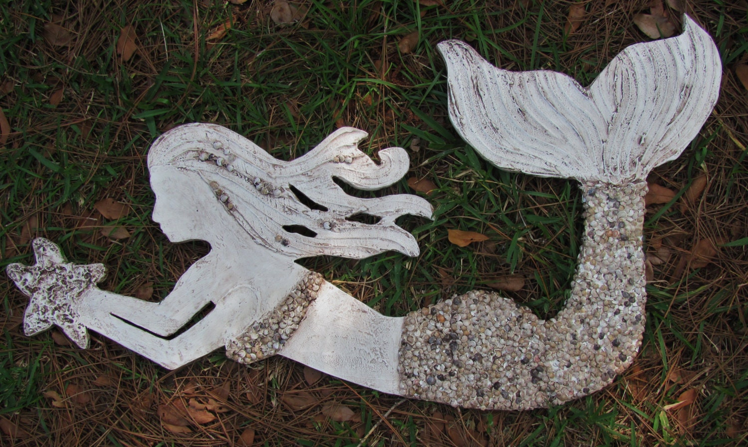 Mini Small Hand Made Mermaid Wall Art with Shells Beach, Sea, Antique Look, Textured, Facing Left
