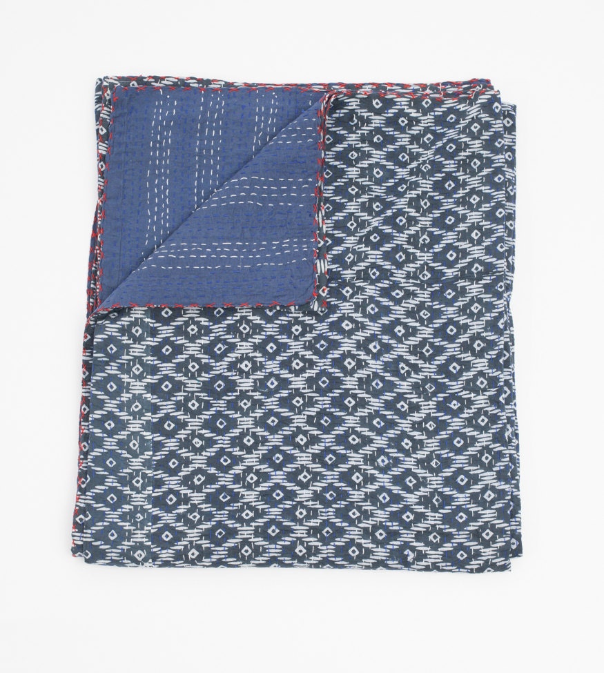 New Blue Handblock Blanket - Queen