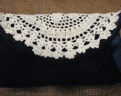 Navy Blue Velvet Clutch, Bag With Lace Applique