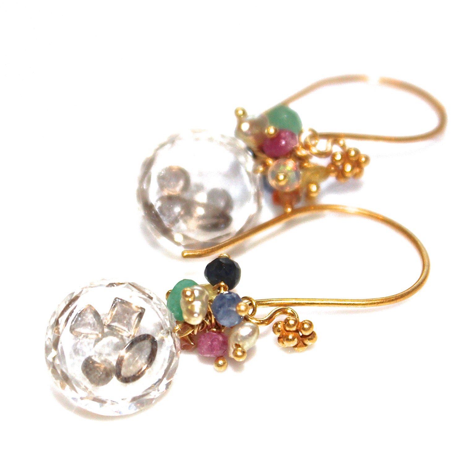 Rock Crystal Stuffed Quartz Gemstone Shaker Emerald Ruby Sapphire Keshi Pearl Dangle Gold Vermeil Drop Cluster Earrings Jewelry