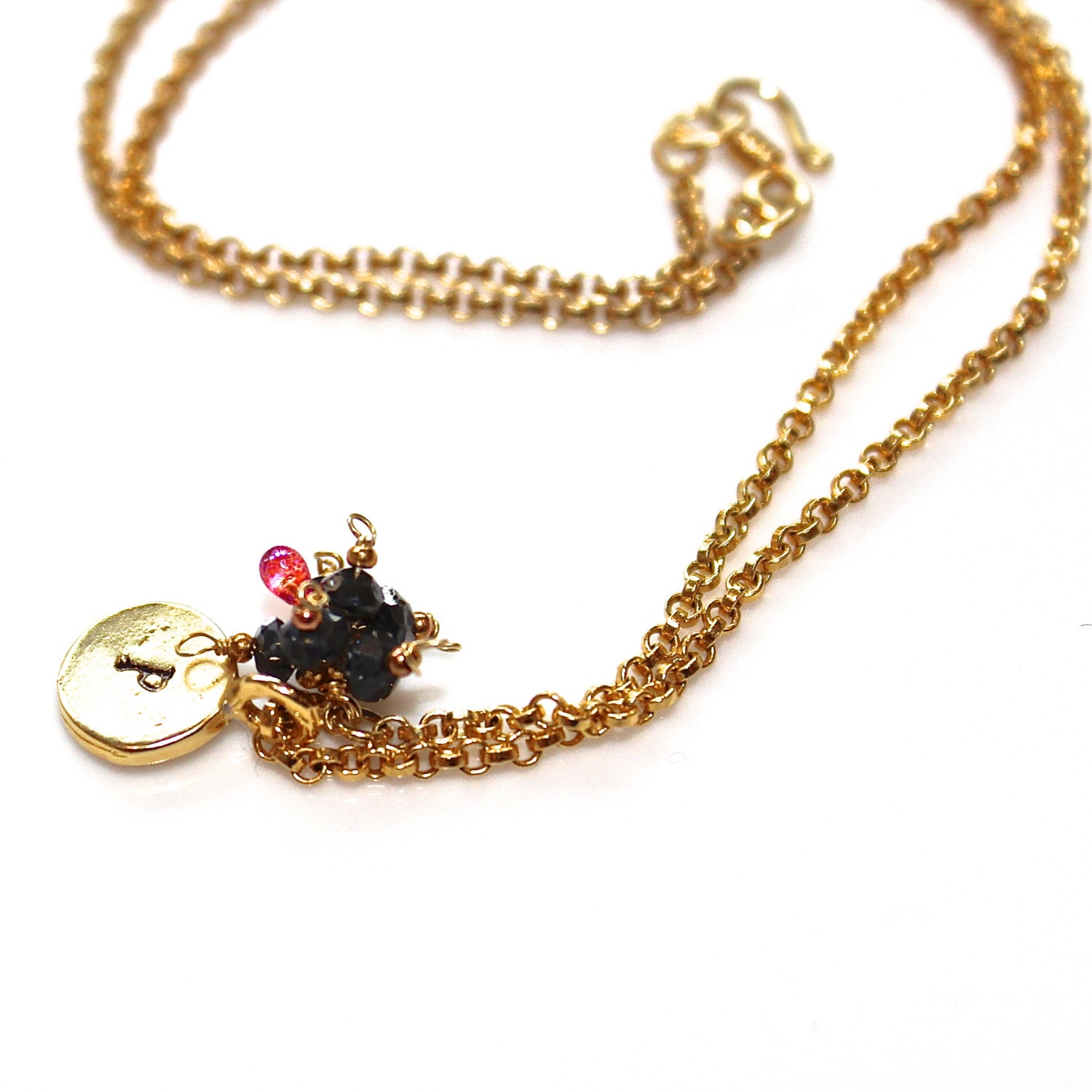 Gold Initial Necklace Vermeil Charm Real Black Diamond Bespoke Pendant Necklace  Jewelry