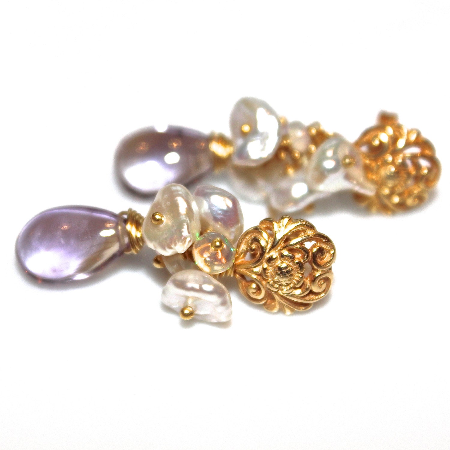 Ametrine Earrings Citrine Amethyst Keshi Opal Freshwater Pearls Cluster Earrings