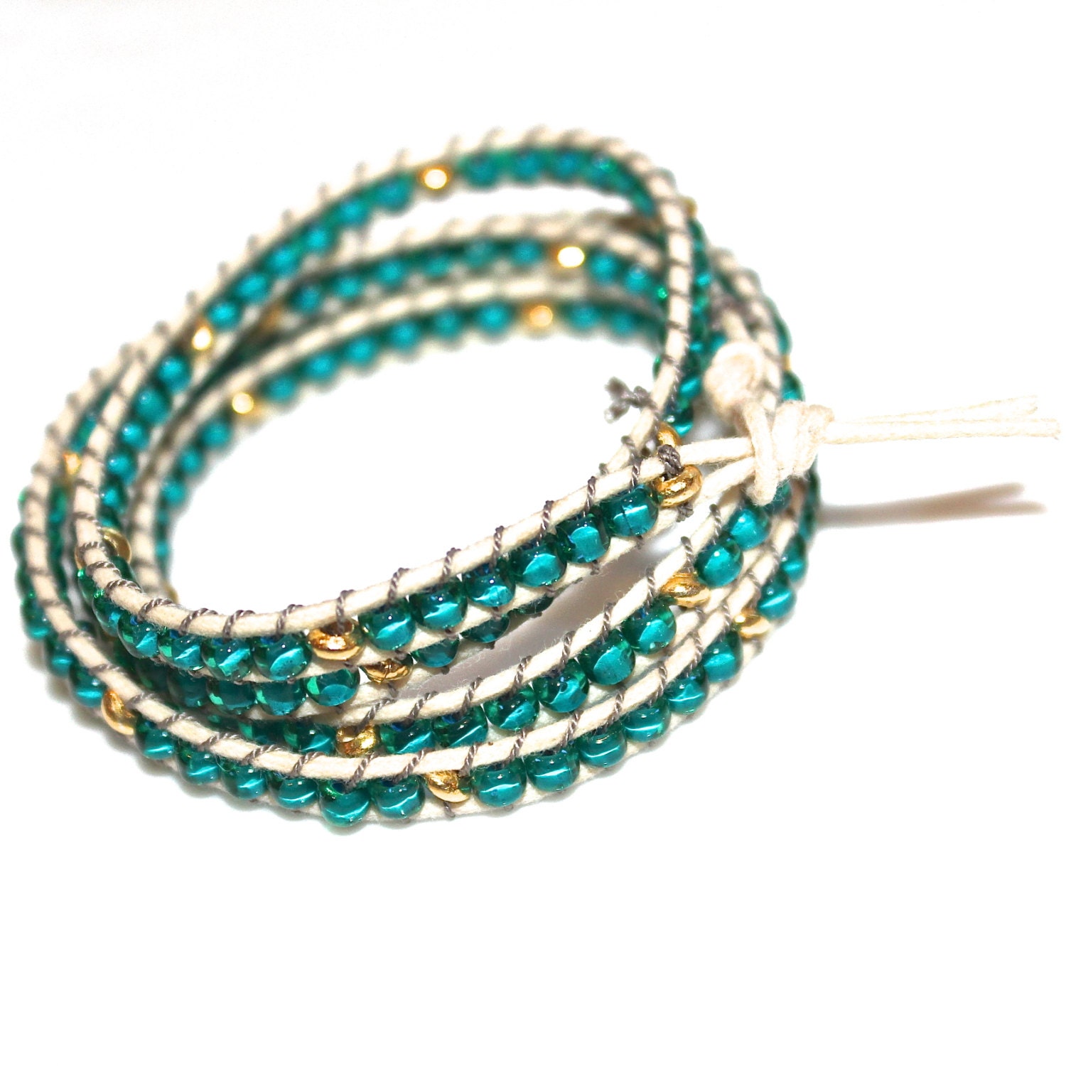 Aqua Czech Glass Gold Vermeil Beaded Boho Bracelet Leather Wrap  Jewelry FizzCandy Ready to Ship