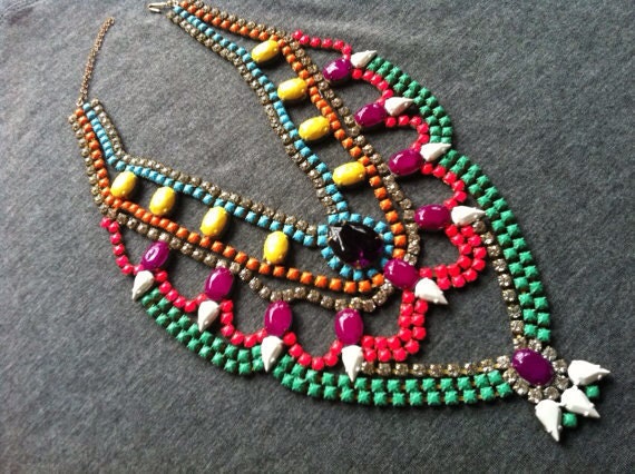 Custom Vintage Hand Painted Rhinestone Statement Necklace - Dannijo look