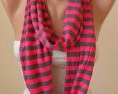 New - Pink and Gray Striped Infinty Scarf  - Circle -  Loop Scarf - Combed Cotton Fabric