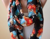 Orange Blue Black Floral Scarf-  Infinity Scarf -  Chiffon Fabric