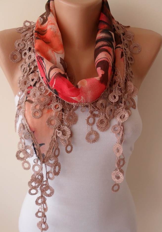 Coral - Pink and Brown Scarf with Trim Edge -