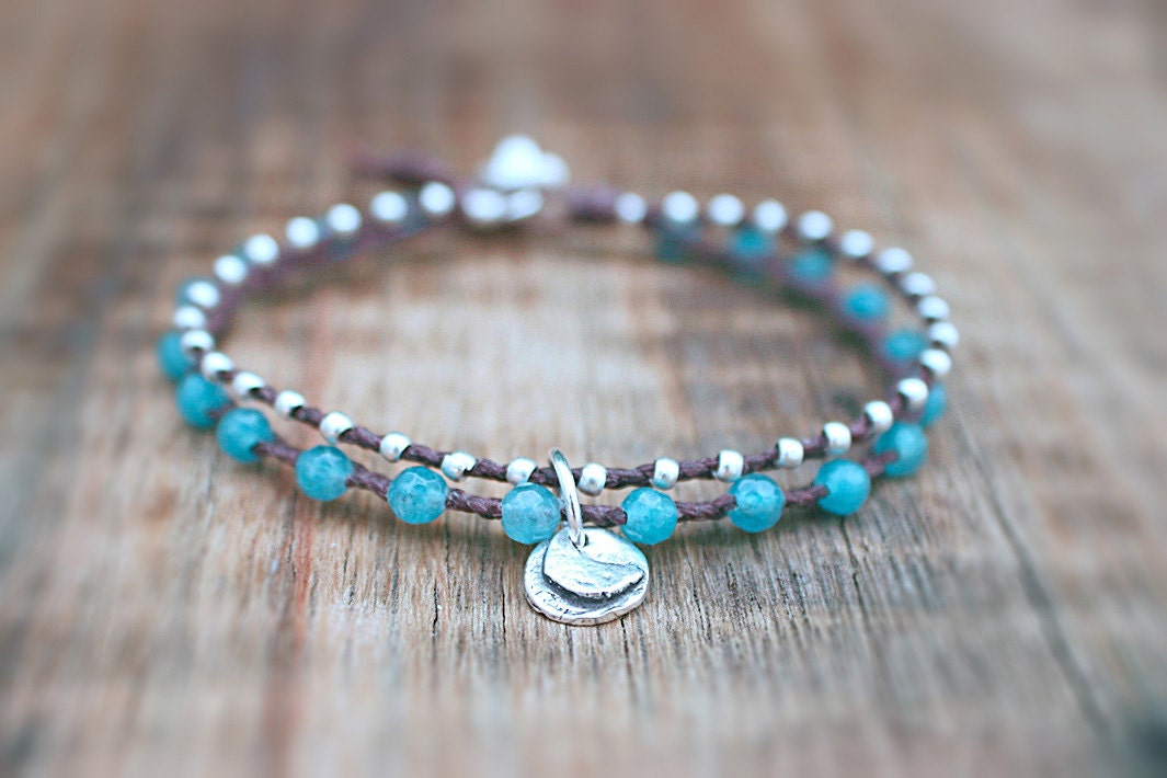 Blue Quartz and Thai Silver Waxed Linen Beaded Charm Bracelet Finished with a Leather and Thai Silver Flower Clasp