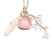 Necklace with Rose-quartz, feather and leaf pendants