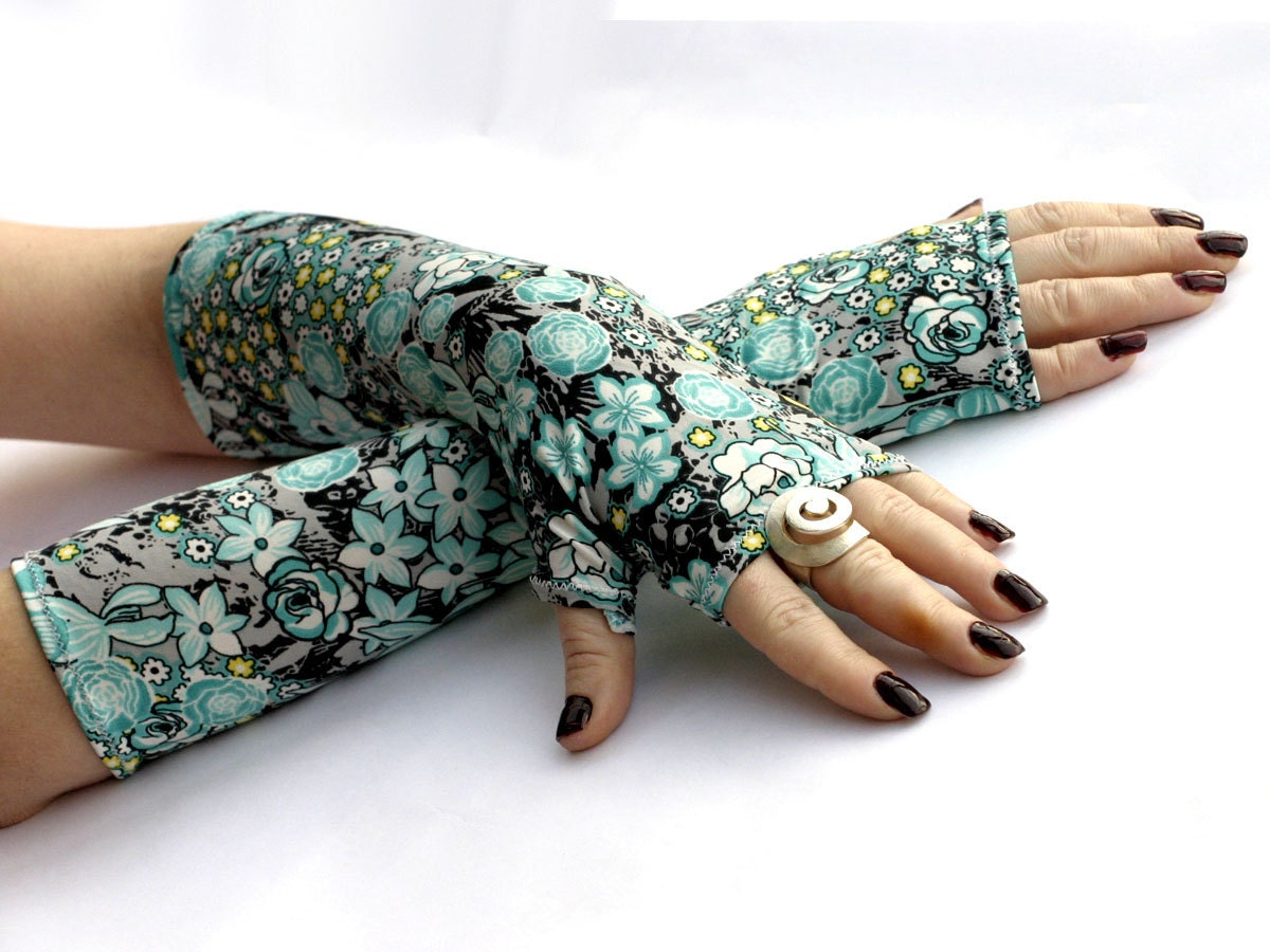 Flowers Garden - Blue and Black Fingerless gloves , Floral Soft Cotton - Yoga Gothic Belly Dance Fusion Light Goth Cycling
