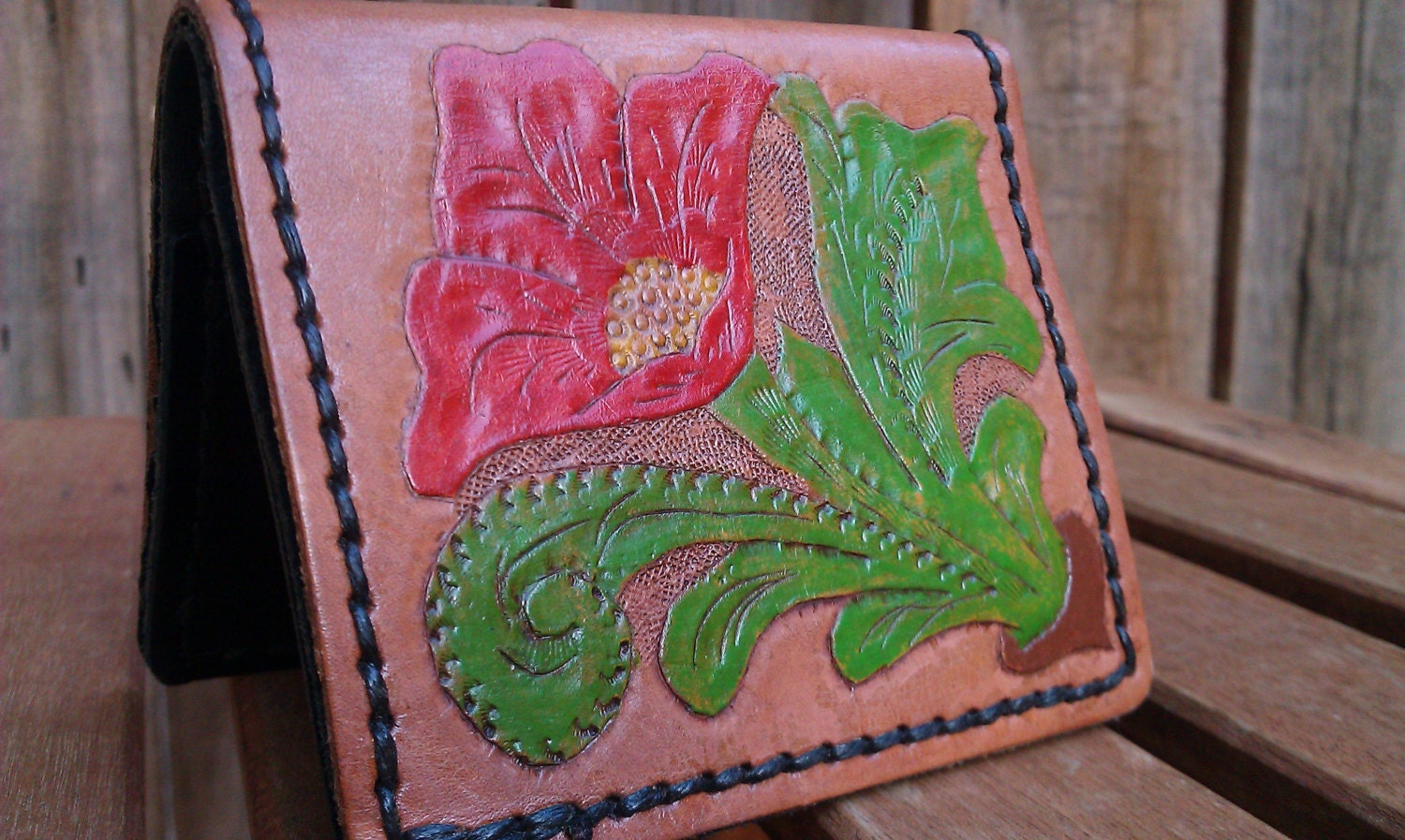 Hand tooled Leather Wallet Red Rose Flower green leaves handmade stitched painted retro