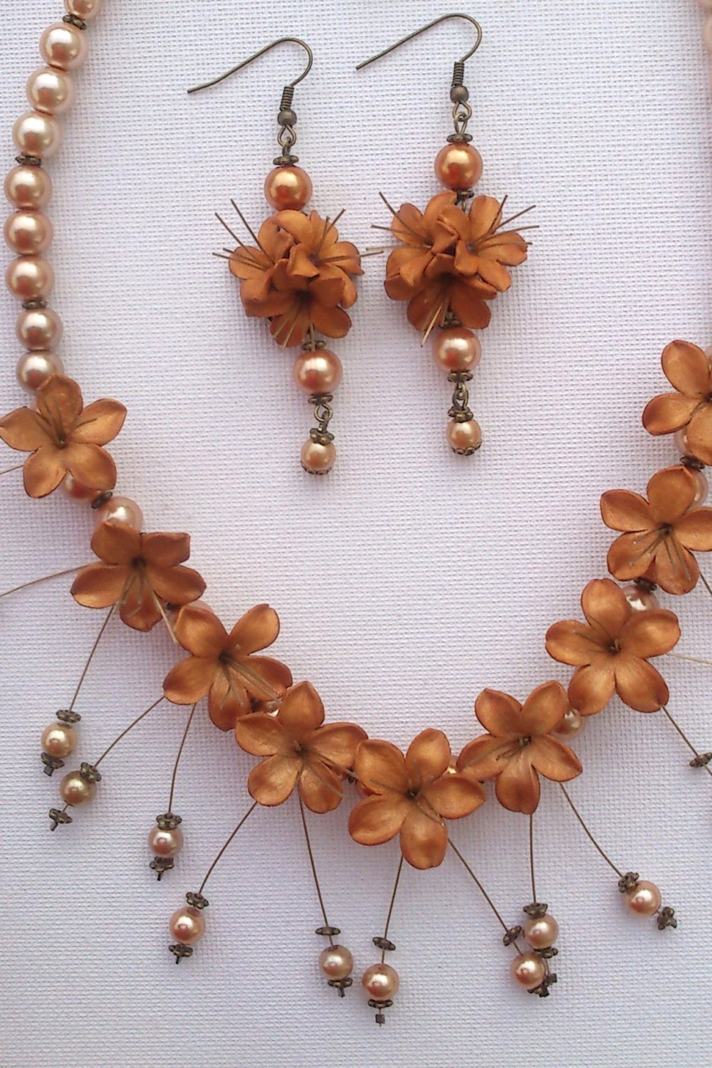 Flower jewelry set - Sakura flower - Antique gold necklace and earrings - Handmade