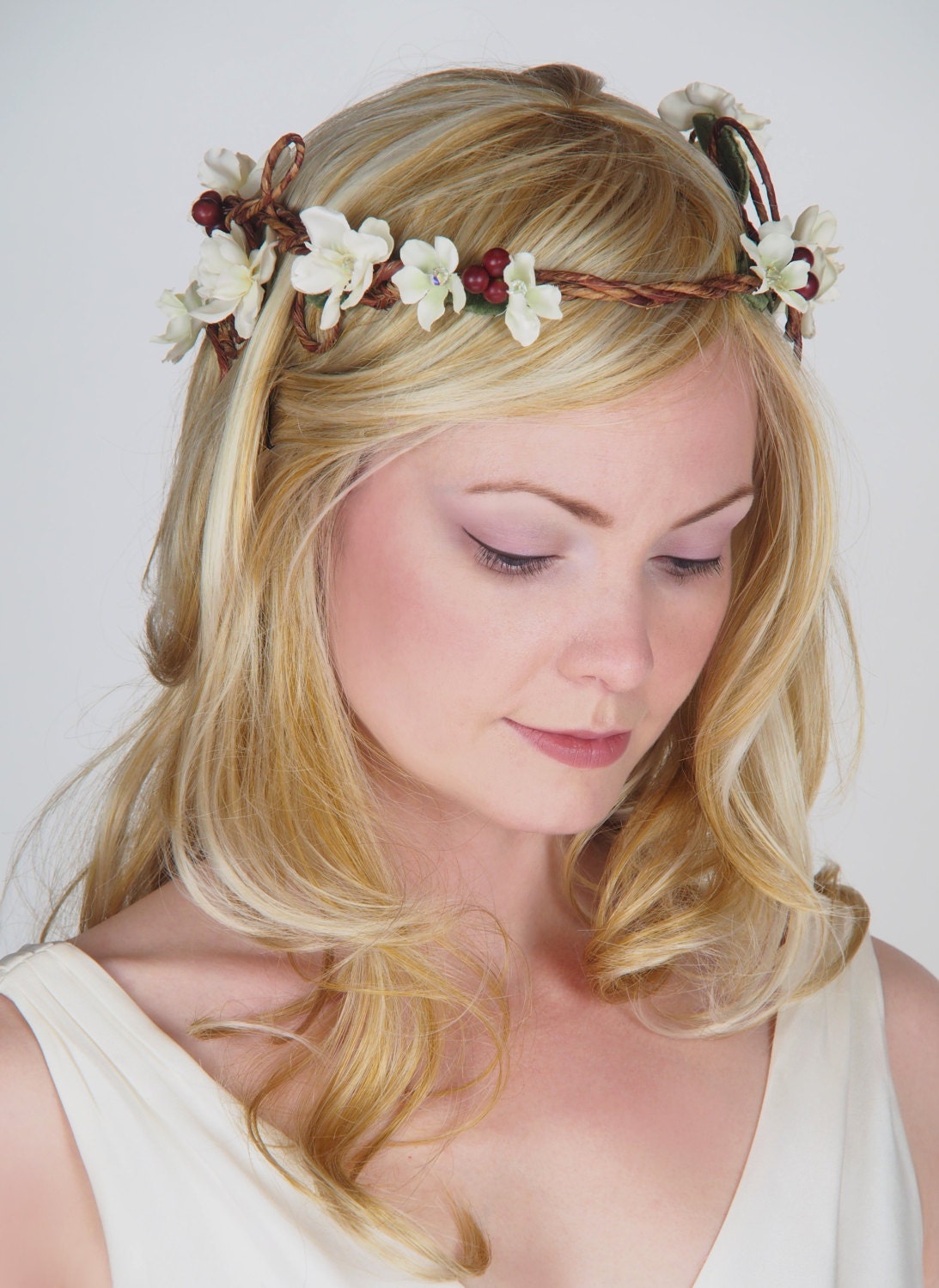 Flower Hair Wreath - Floral Wedding Crown - Woodland Wedding Flower Head Piece - Ivory Flowers & Twisting Vines