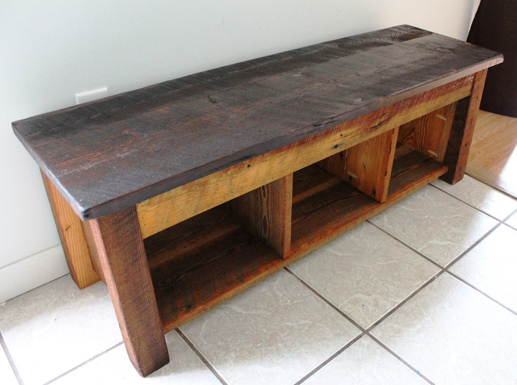 Handmade Bench, Shelves, Hidden Storage, Reclaimed Barn Wood--14"W x 17"H x 47"L, Beach Inspired