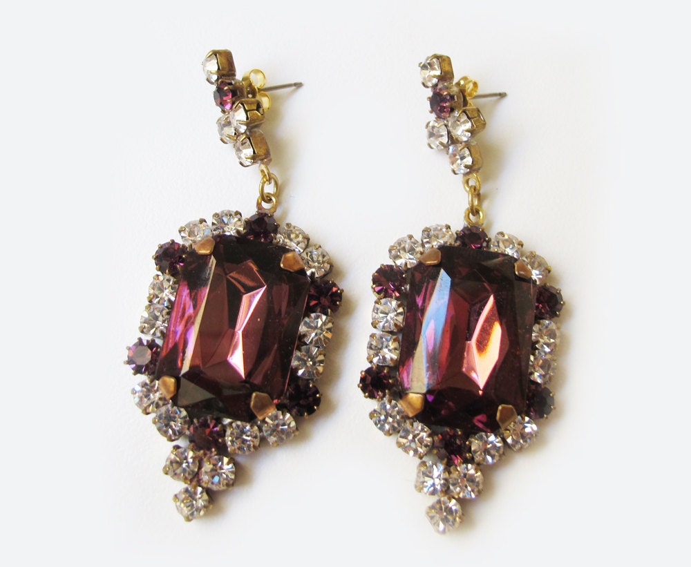 Incredibly Bright Dark Purple Vintage Rhinestone Drop Earrings