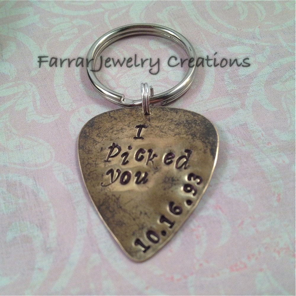 Guitar Pick Key Chain Hand stamped 'I Picked You' wedding gift, gift for him, gift for her