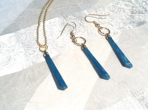 Aqua Cones Necklace & Earrings Vintage Beads Upcycled Recycling Eco Friendly Turquoise Yellow Gold