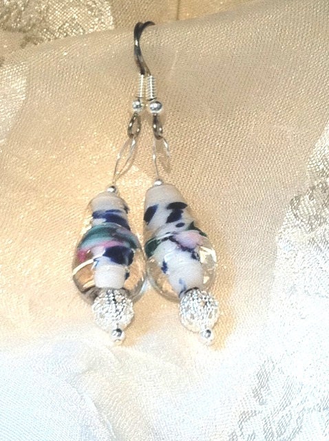 White Lampwork Earrings Handmade Jewelry Wearable Art Blue Pink Green Purple